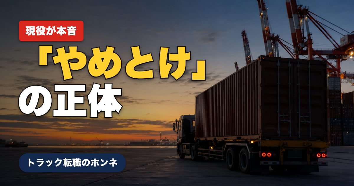 夕暮れの港でコンテナを運ぶセミトレーラーのシルエットと「やめとけの正体」という見出しのアイキャッチ