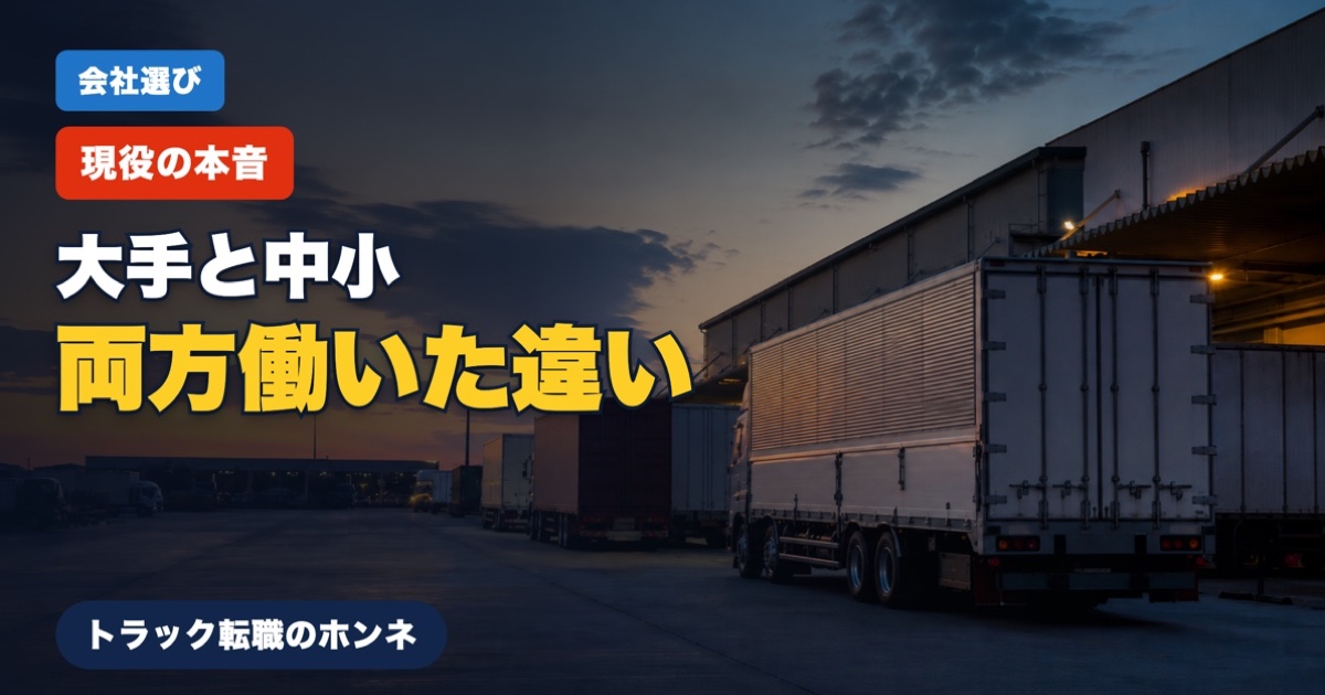 大手物流と中小運送を比較する記事のアイキャッチ。夕暮れの物流ターミナルに並ぶトラック