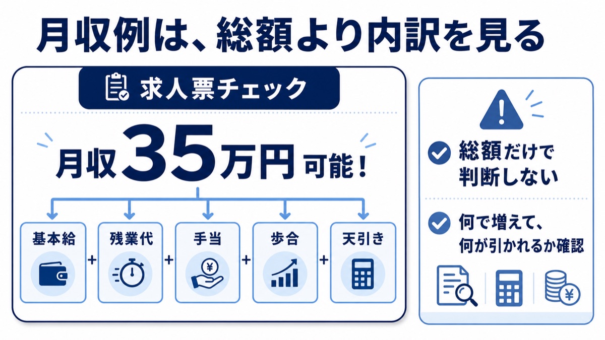 月収例は総額より内訳を見るべきと示す図解。月収35万円可能の内訳は基本給・残業代・手当・歩合・天引きで、総額だけで判断せず何で増えて何が引かれるかを確認する。