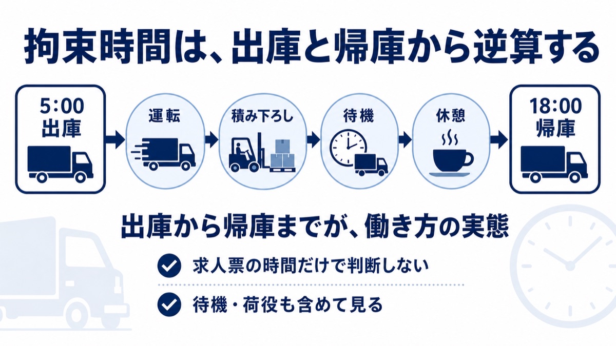拘束時間は出庫と帰庫から逆算すると示す図解。5時出庫から運転・積み下ろし・待機・休憩を経て18時帰庫まで、出庫から帰庫までが働き方の実態で待機や荷役も含めて見る。