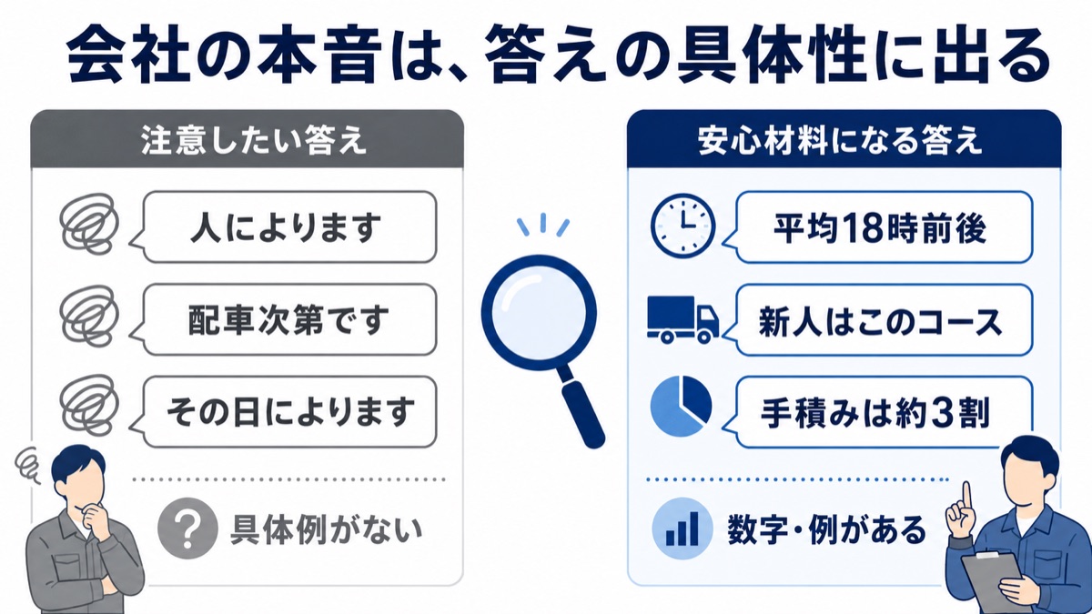 会社の本音は答えの具体性に出ると示す図解。注意したい答えは人によります・配車次第です・その日によりますで具体例がない、安心材料は平均18時前後・新人はこのコース・手積みは約3割など数字や例がある。