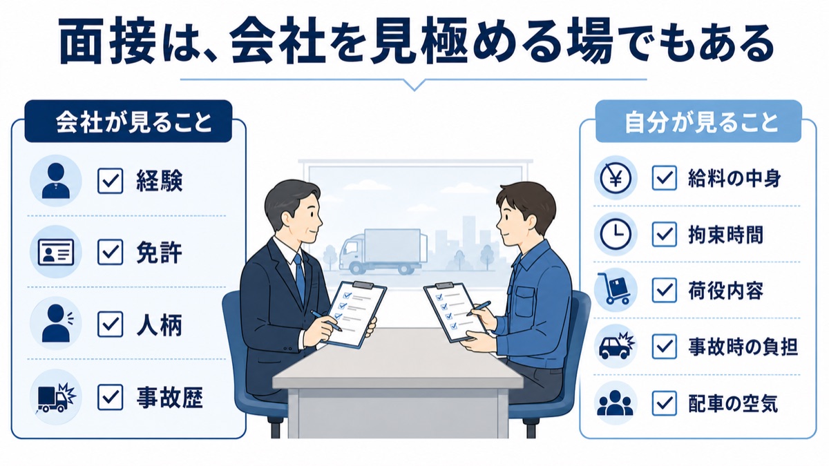 面接は会社を見極める場でもあることを示す図解。会社が見るのは経験・免許・人柄・事故歴、こちらが見るのは給料の中身・拘束時間・荷役内容・事故時の負担・配車の空気。