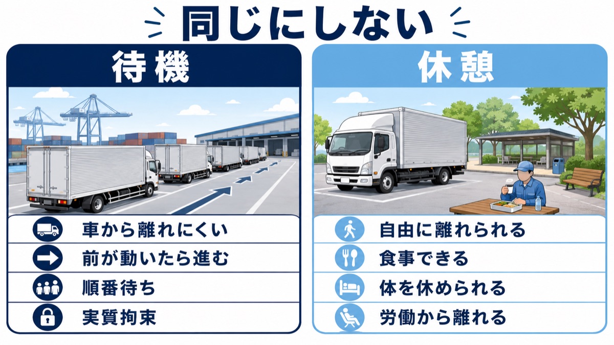待機と休憩を同じにしてはいけないと示す図解。待機は車から離れにくく前が動いたら進む順番待ちで実質拘束、休憩は自由に離れられ食事でき体を休められ労働から離れられる。