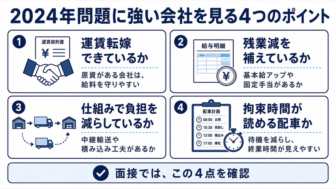 2024年問題に強い会社を見る4つのポイントの図解。1運賃転嫁できているか、2残業減を補えているか、3仕組みで負担を減らしているか、4拘束時間が読める配車か、面接ではこの4点を確認