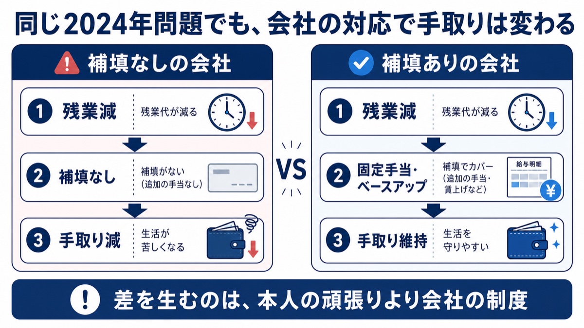 同じ2024年問題でも会社の対応で手取りは変わることを示す図解。補填なしの会社は手取りが減り、固定手当やベースアップで補填ありの会社は手取りを維持できる、差を生むのは本人の頑張りより会社の制度