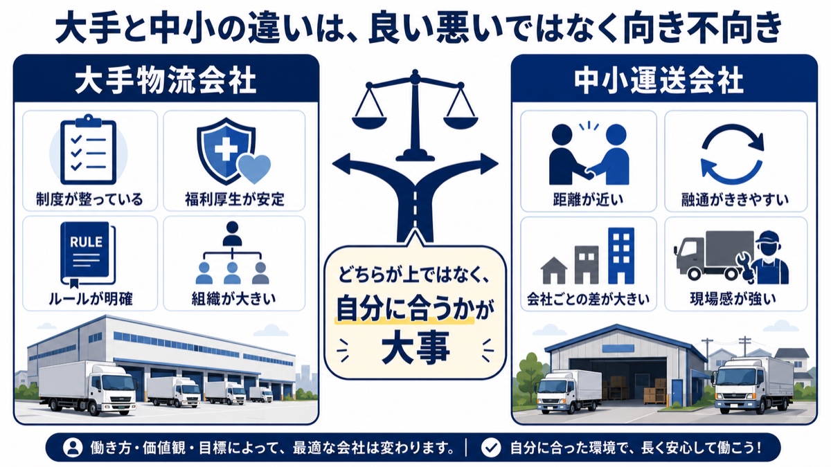 大手物流会社と中小運送会社の違いを比較した図解