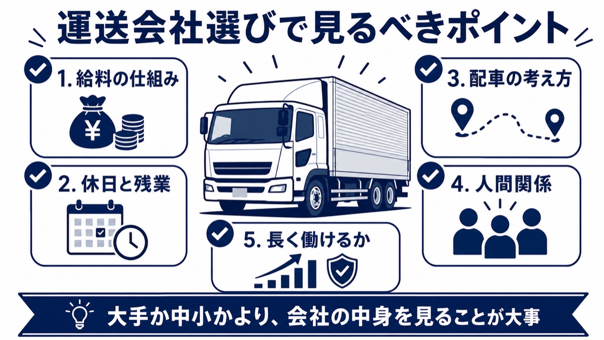 運送会社選びで見るべき給料や休日や配車の考え方をまとめた図解