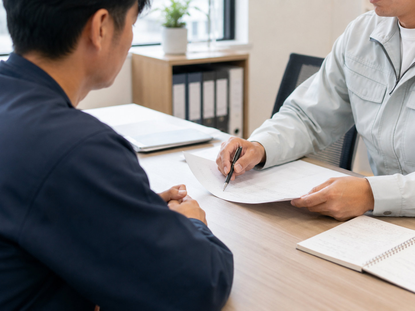 面接で勤務条件を確認する応募者と担当者