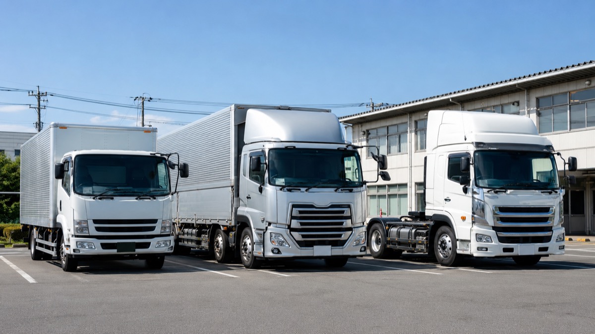 大型・トラクタヘッドなどサイズの違うトラックが並ぶ。目指す車で必要な免許が変わる