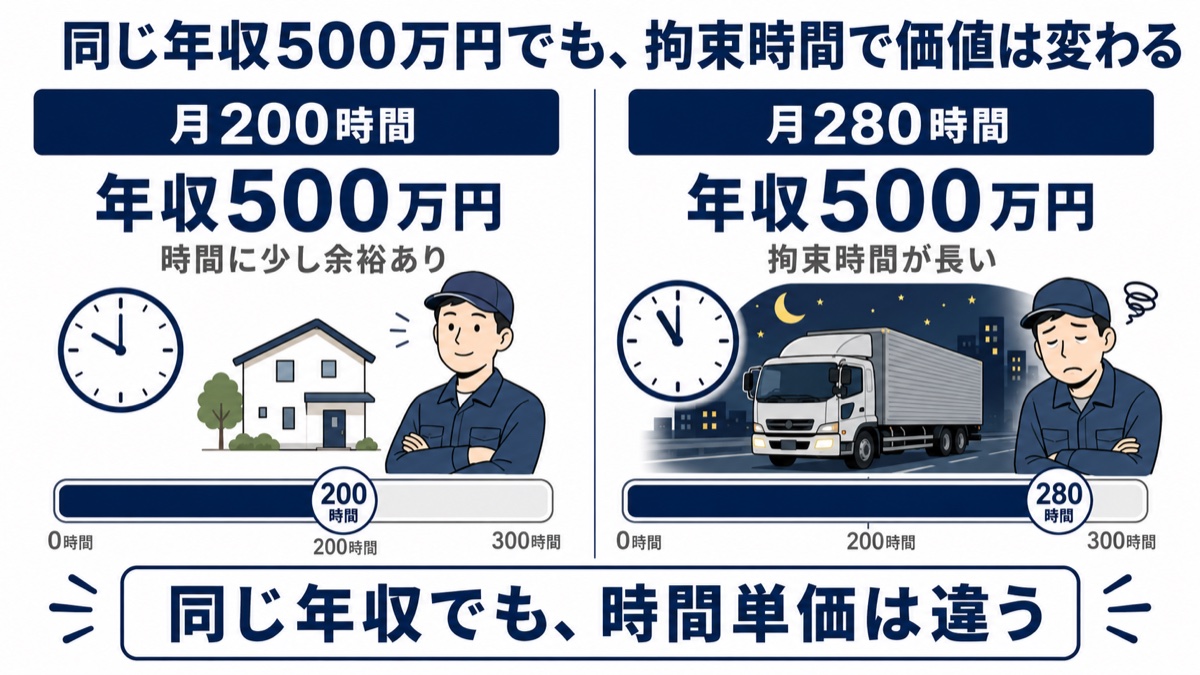 同じ年収500万円でも拘束時間によって時間単価が変わることを示した比較図