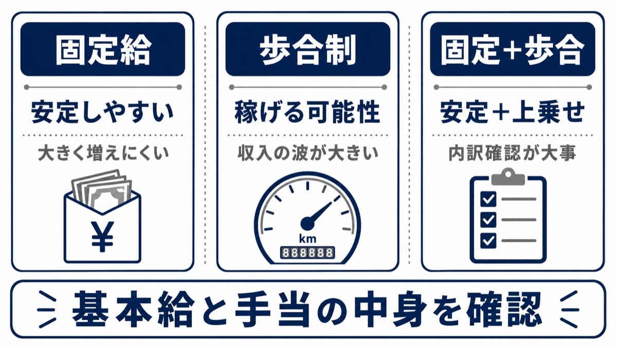 固定給・歩合制・固定プラス歩合の給与体系3パターンを比較した図