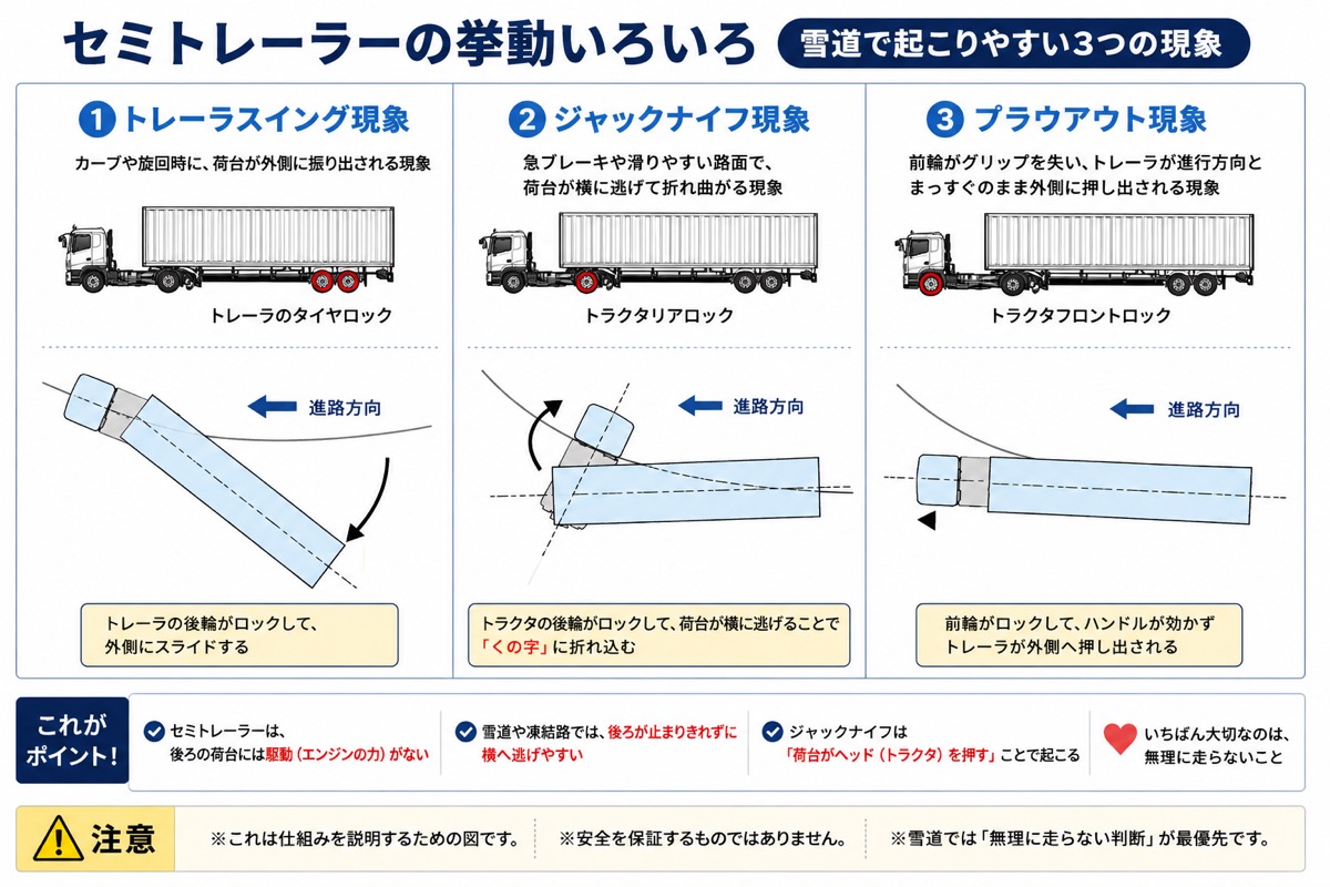 雪道でセミトレーラーがジャックナイフを起こす仕組みの図解