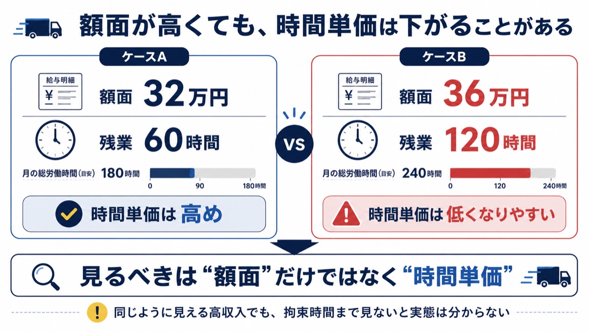 額面32万円・残業60時間と額面36万円・残業120時間で時間単価が変わることを示した比較図
