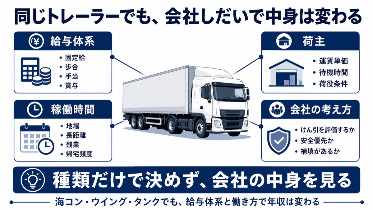 同じトレーラーでも給与体系・荷主・稼働時間・会社の考え方で年収が変わることを示した図