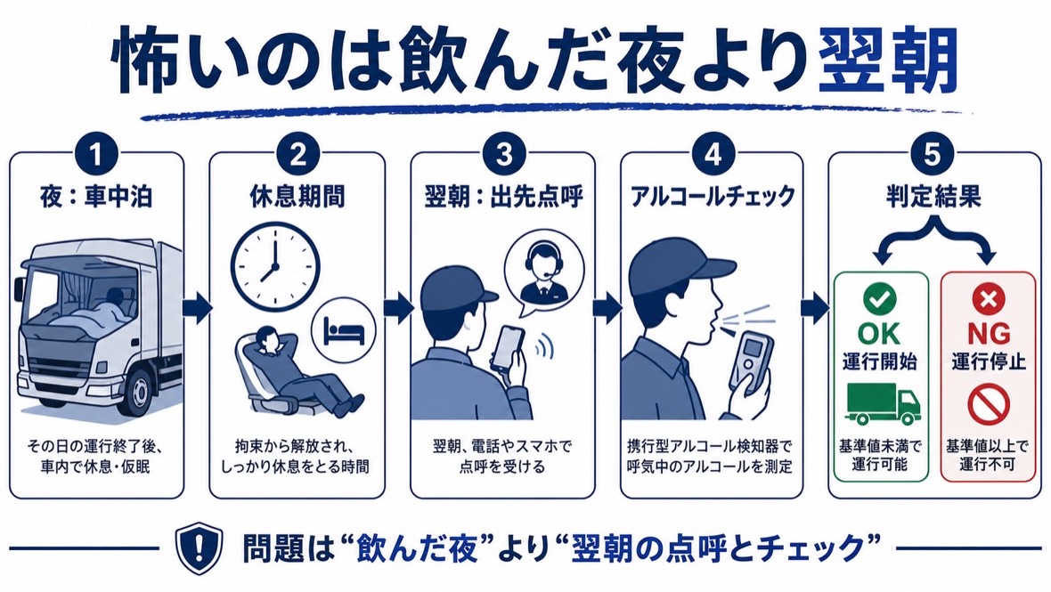 車中泊での飲酒で本当に怖いのは翌朝という流れの図解。夜の車中泊から休息期間、翌朝の出先点呼とアルコールチェック、判定結果まで