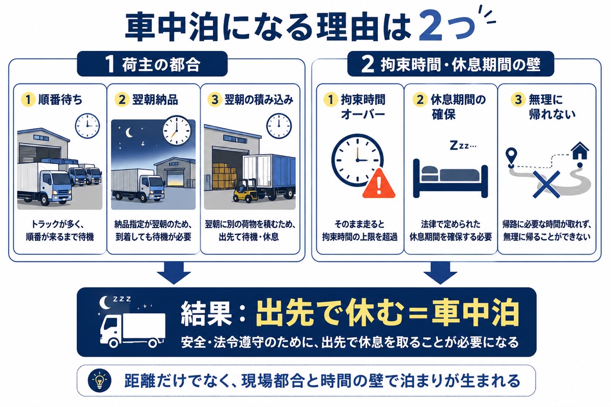 トラックの車中泊になる理由を示した図解。荷主の都合と、拘束時間・休息期間の壁という2つの理由