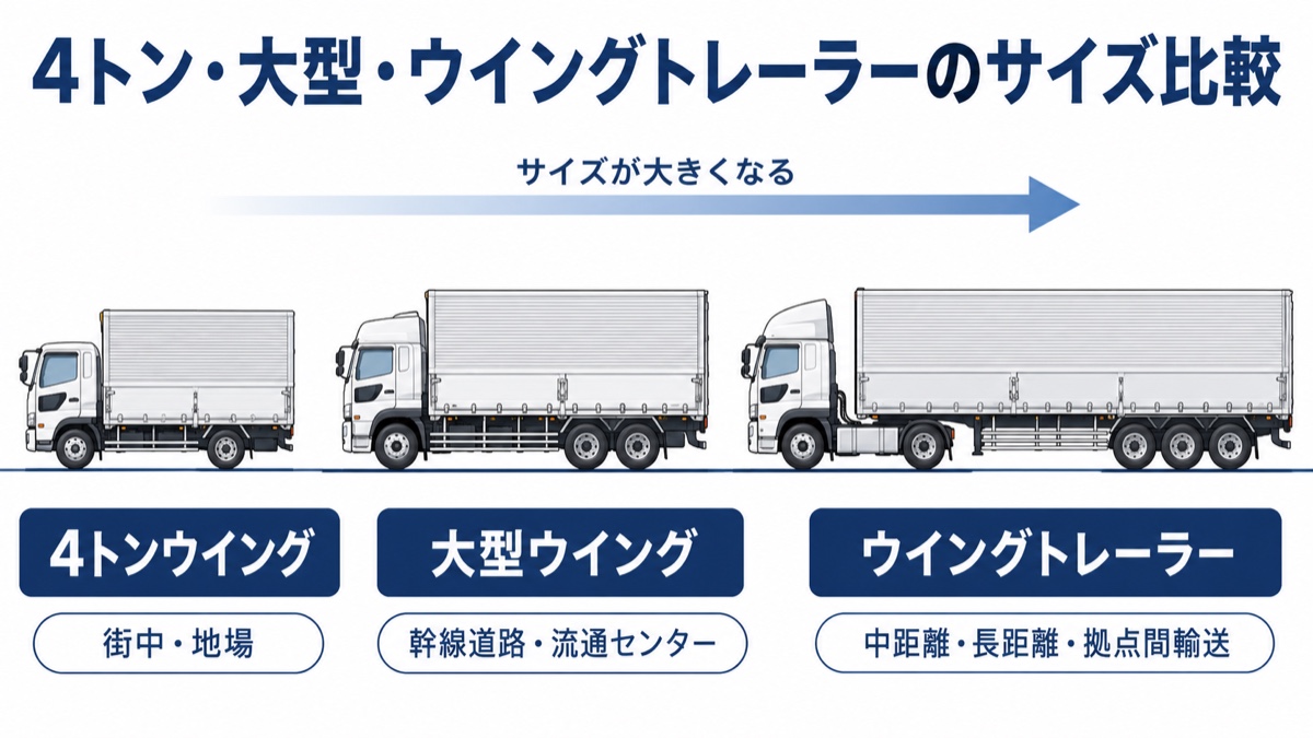 4トン・大型・ウイングトレーラーのサイズと走行範囲を比較した図