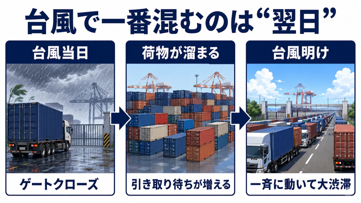 台風当日よりも台風明け翌日に港が混雑する流れを説明した図解