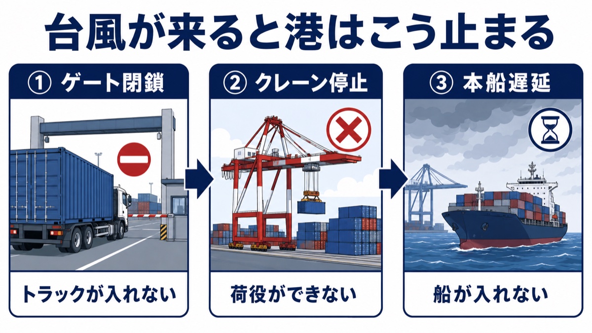 台風が来ると港でゲート閉鎖・クレーン停止・本船遅延が起きる流れの図解