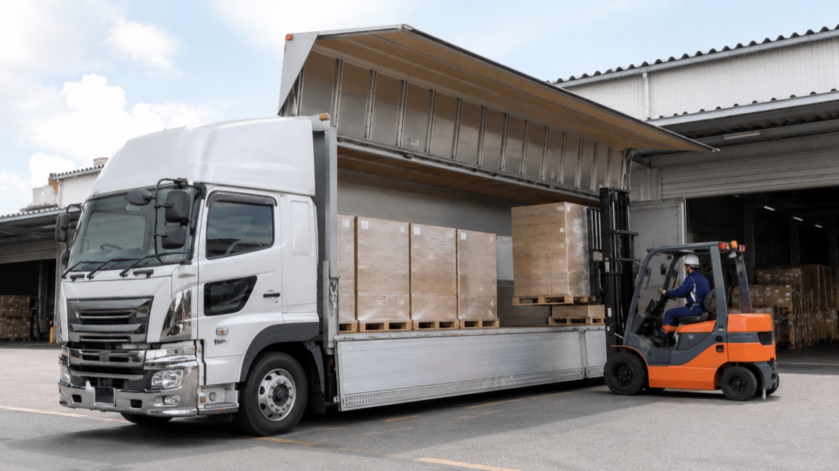 ウイングを開けてフォークリフトでパレットを積み込むウイング車
