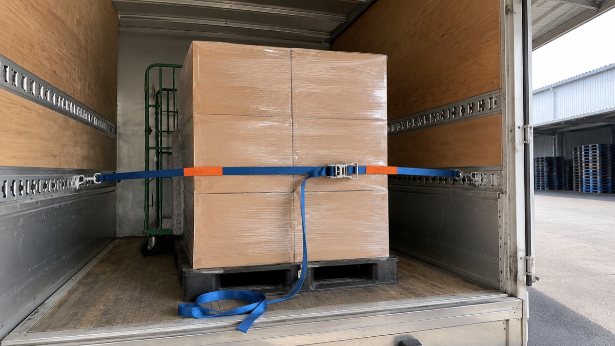 ラッシングベルトと緩衝材で段ボールを固定した荷台