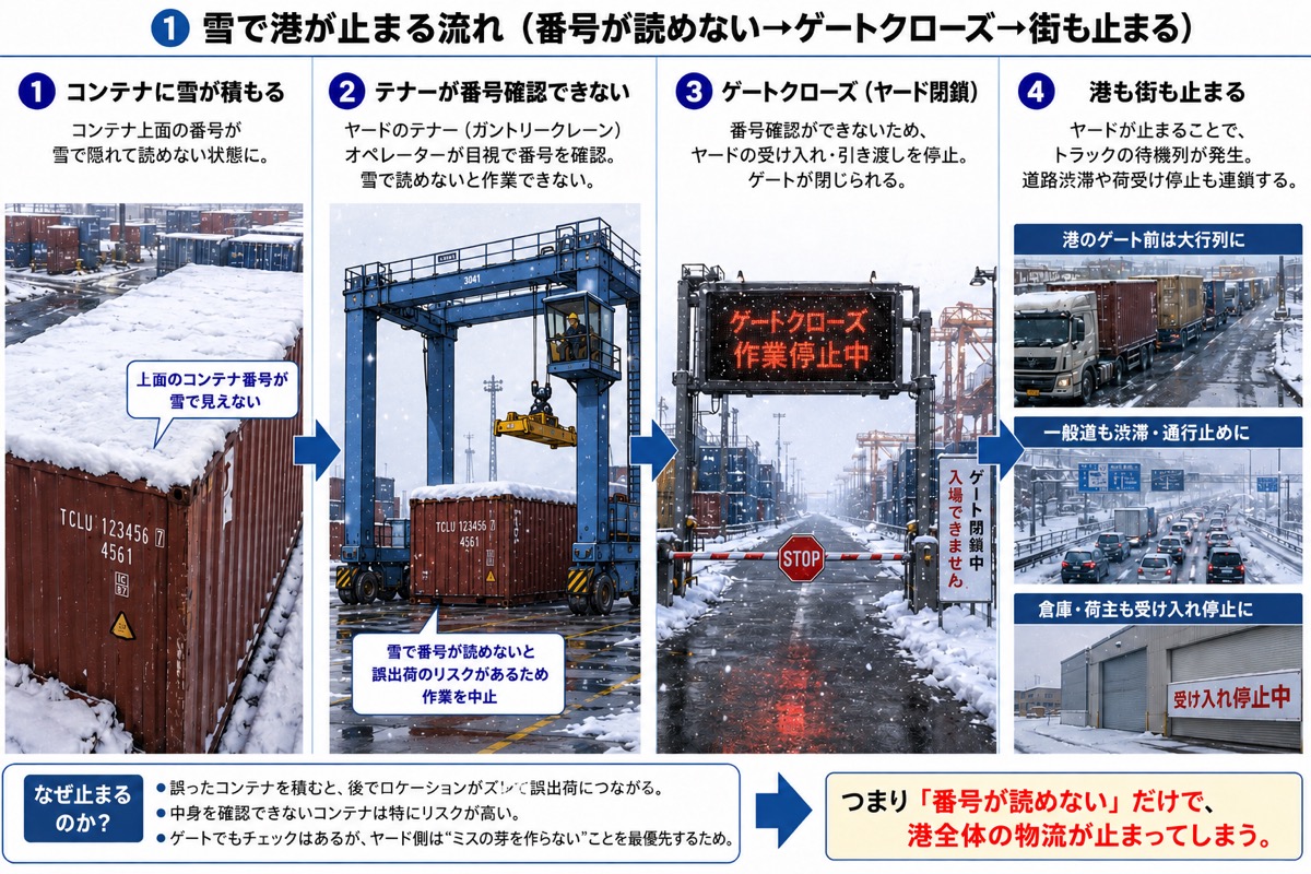 関東の雪で海上コンテナの番号が読めず港が止まる流れの図解