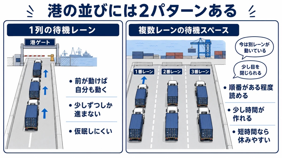 港の並びには2パターンある。1列の待機レーンと複数レーンの待機スペースの違いを図解