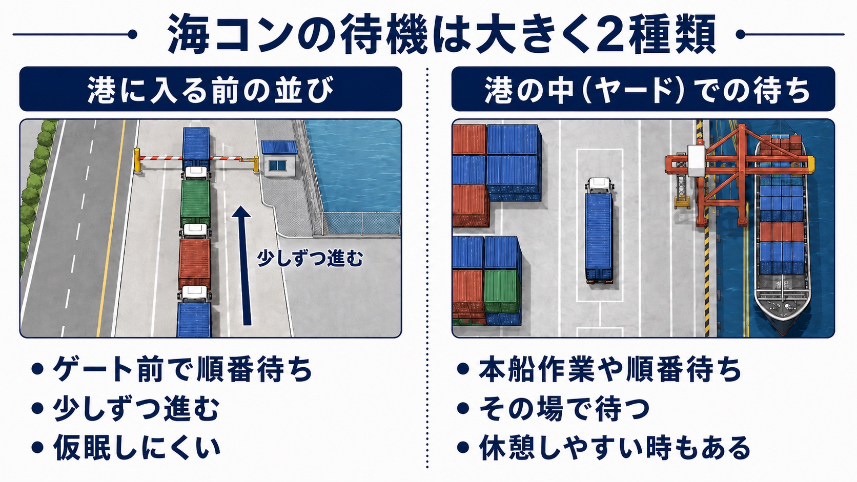 海コンの待機は大きく2種類。港に入る前の並びと、港の中(ヤード)での待ちを比較した図解