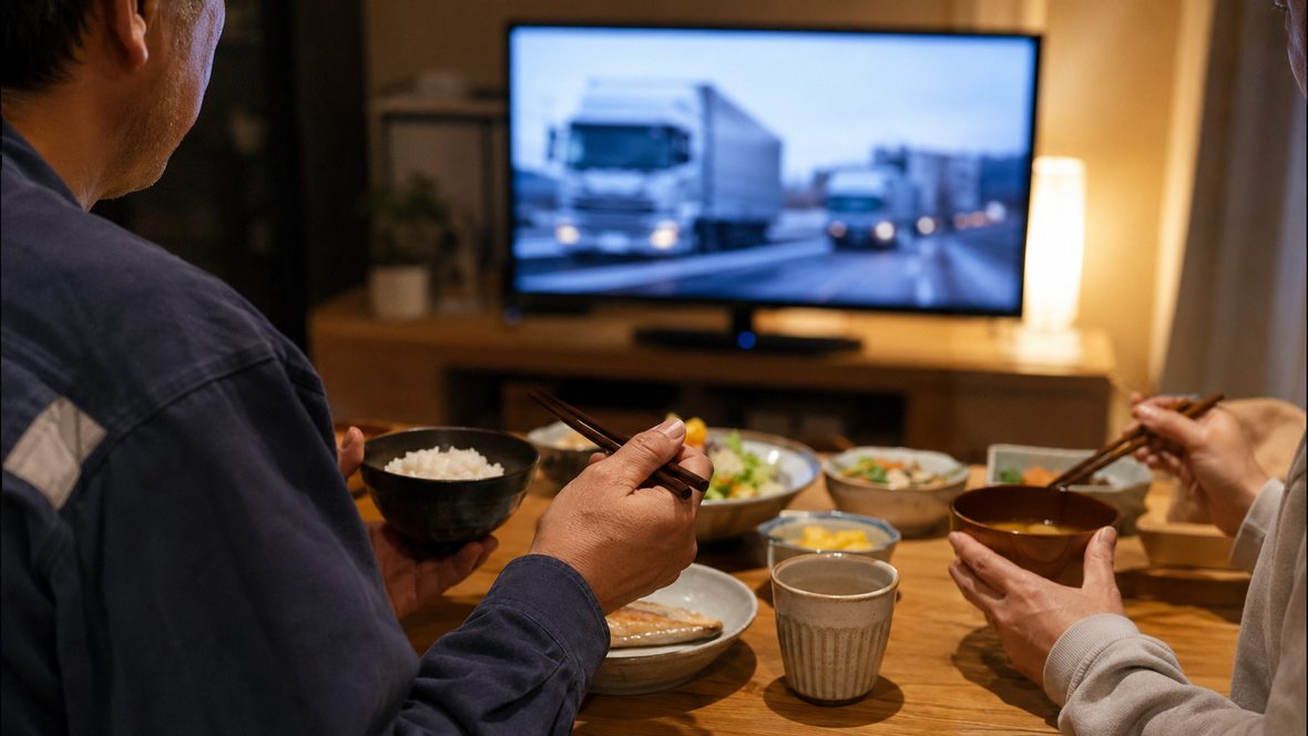 夜、家族と夕食をとりながらテレビのトラック関連番組を見るドライバー