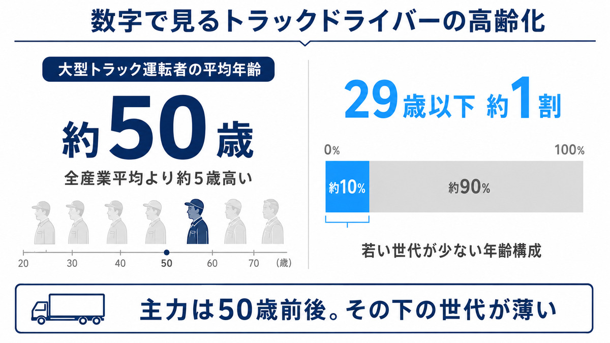 トラックドライバーの高齢化を示す図。大型トラック運転者の平均年齢は約50歳で全産業平均より約5歳高く、29歳以下は約1割にとどまる