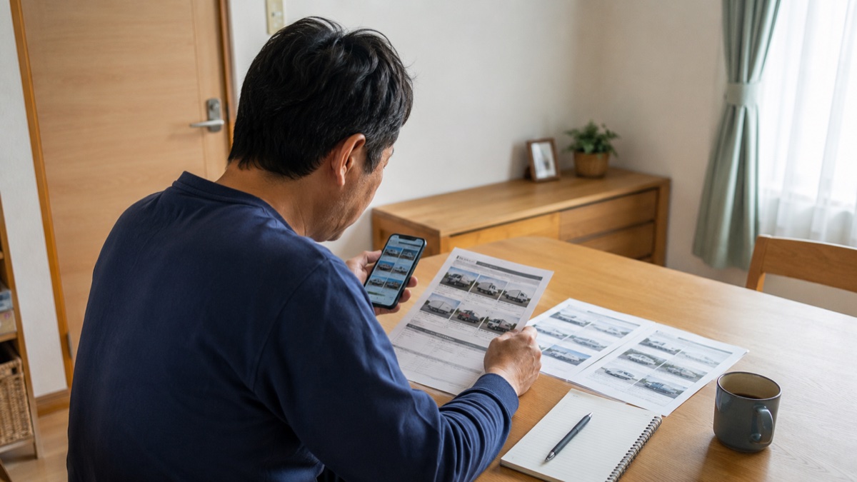 自宅でスマートフォンとトラックの求人票を見比べ、転職先を探す40代・50代の男性