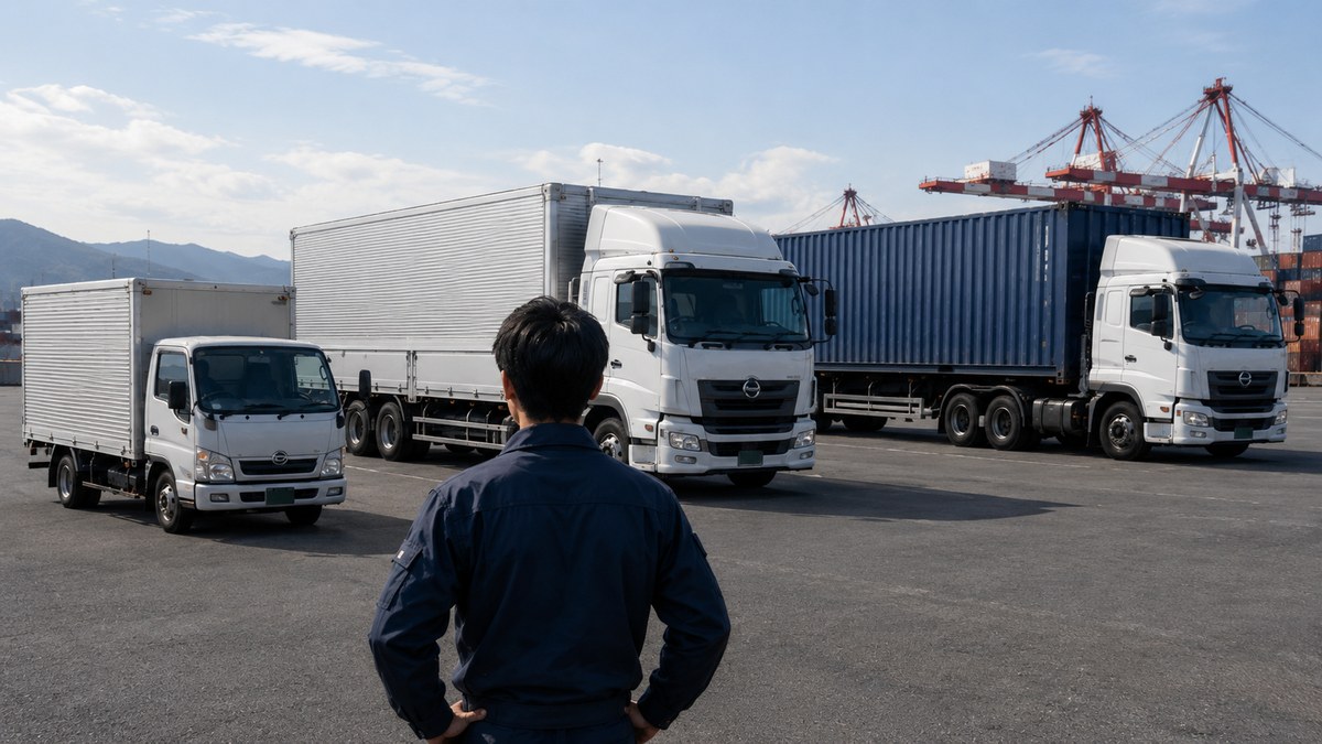 4トン・大型・トレーラーなどトラックの車種が港の車庫に並ぶ様子
