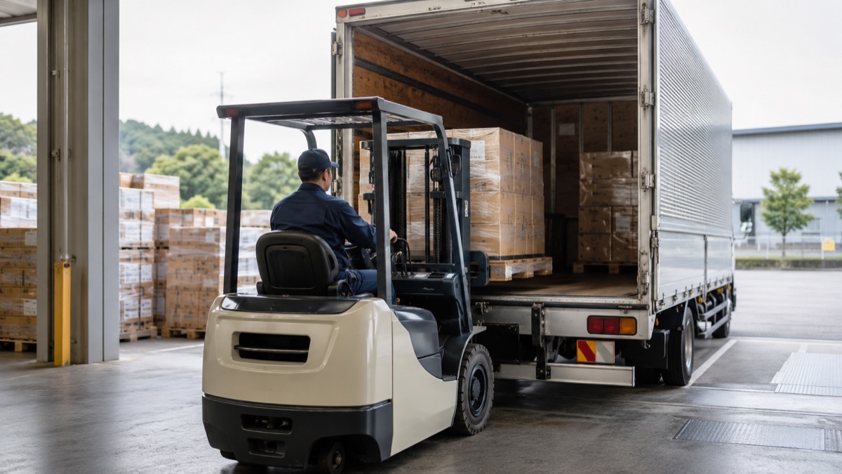 フォークリフトでパレット積みの荷物をトラックへ積み込む、体への負担が軽い荷役の様子
