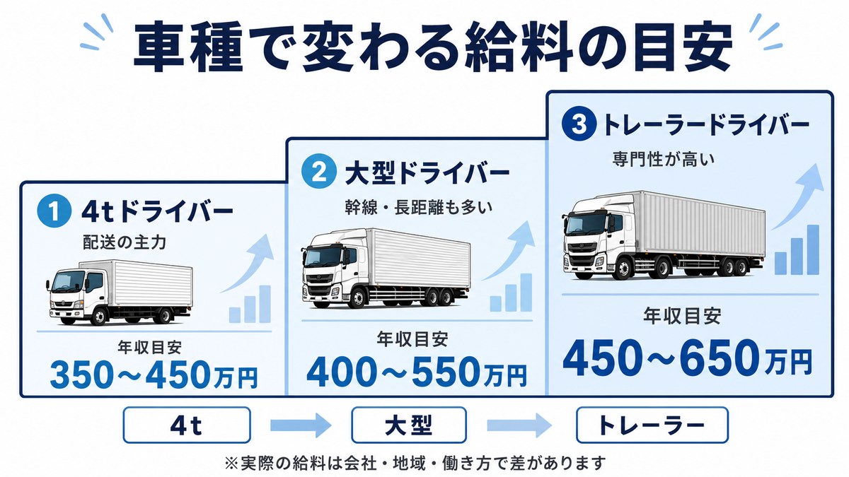 車種で変わる給料の目安（4t・大型・トレーラーの年収目安を階段で比較）