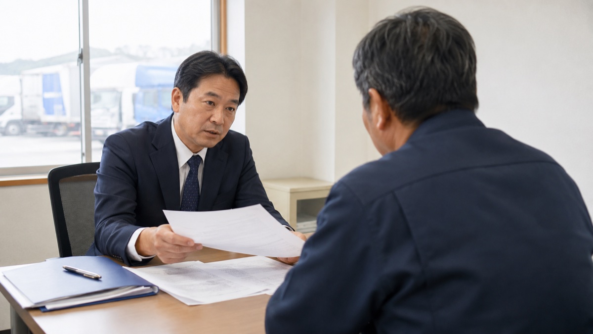運送会社の面接で採用担当者から労働条件の説明を受ける応募者