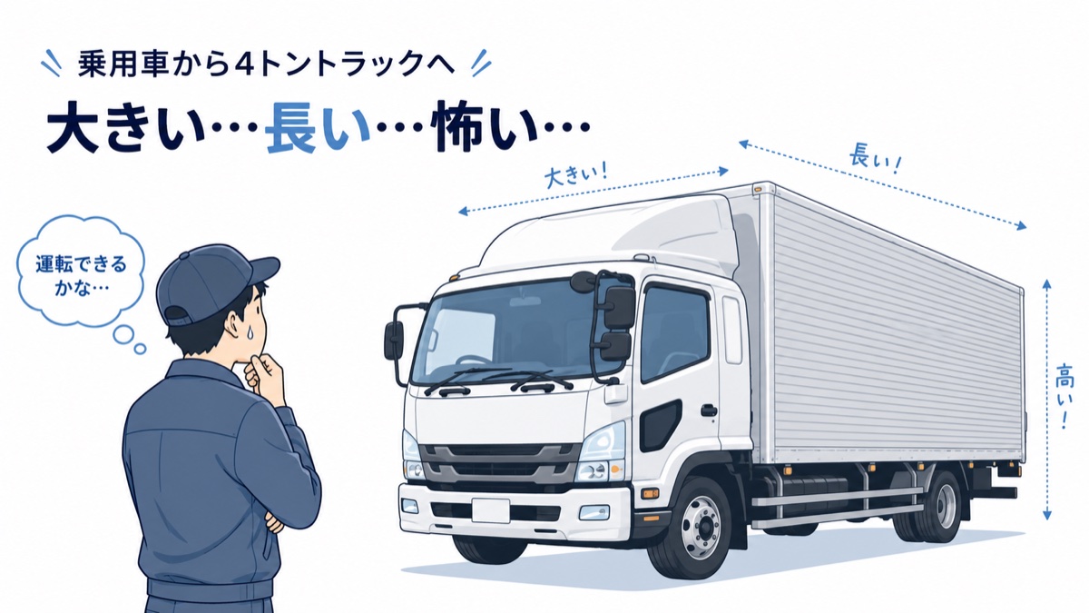 乗用車から4トントラックに乗り換え「大きい・長い」と圧倒される未経験ドライバーのイラスト