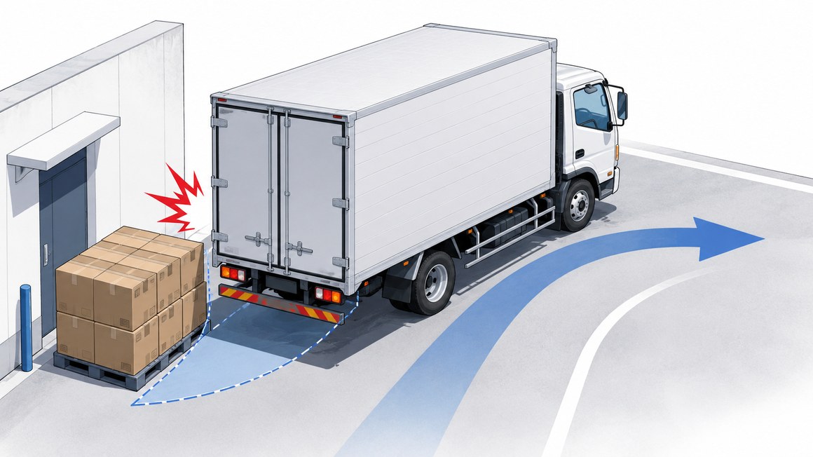 トラックのオーバーハングで曲がる際に後部が振り出し、左後方の荷物に接触してしまう様子を示す図解