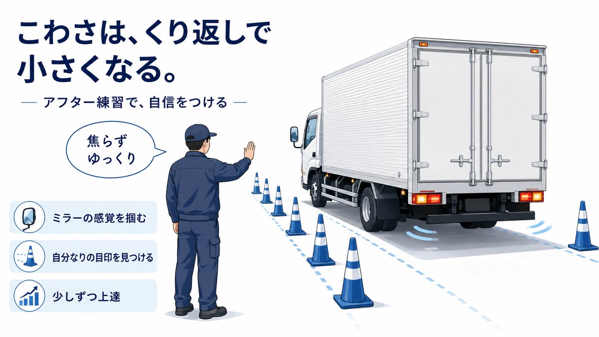 カラーコーンを使ったバック練習でミラーの感覚を掴み、運転の怖さを少しずつ克服していく様子の図解