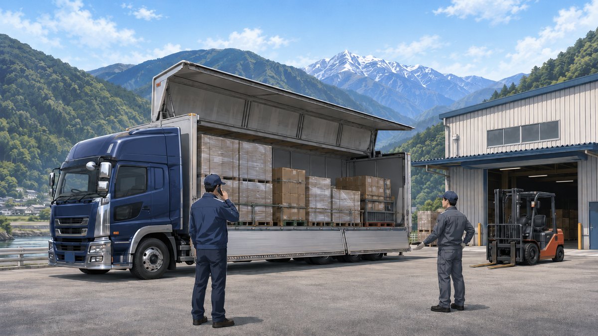 山あいの倉庫でウイング車を前に会社へ電話で指示を仰ぐドライバー