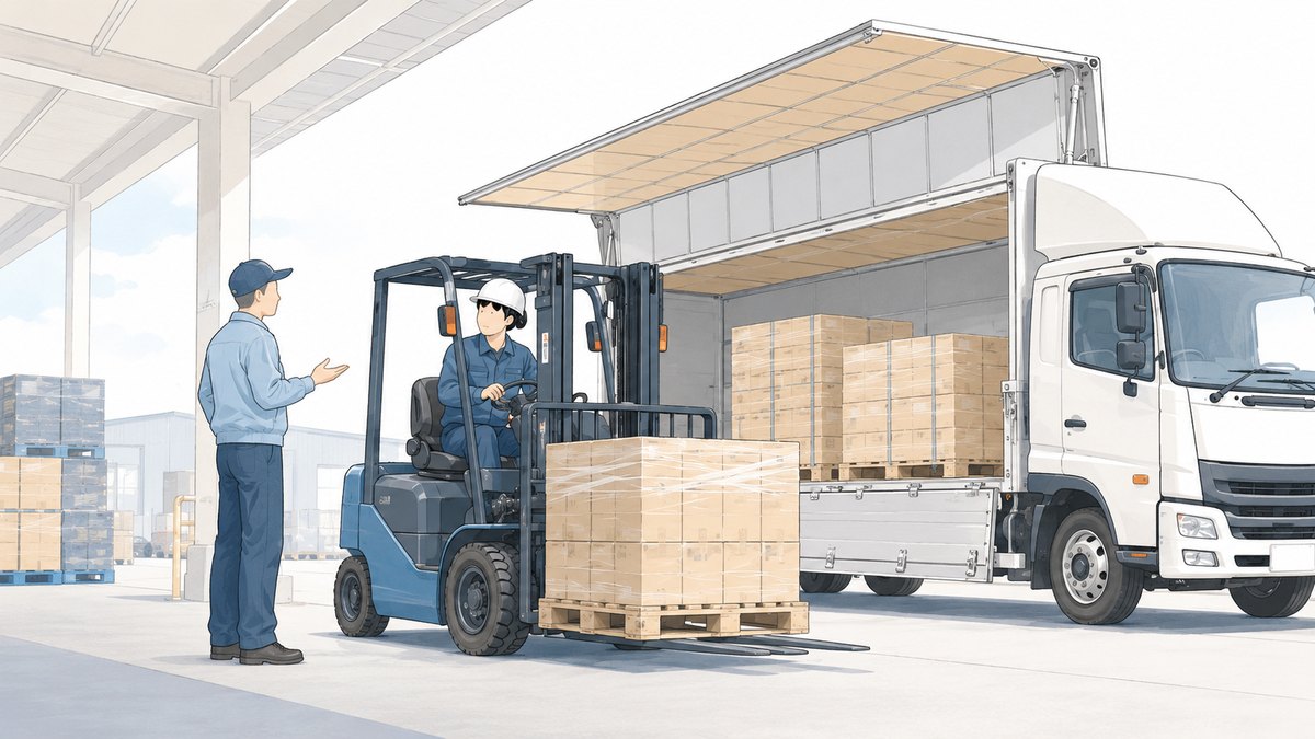 ウイング車の横で倉庫の作業員とフォークリフトの順番をやり取りするドライバー