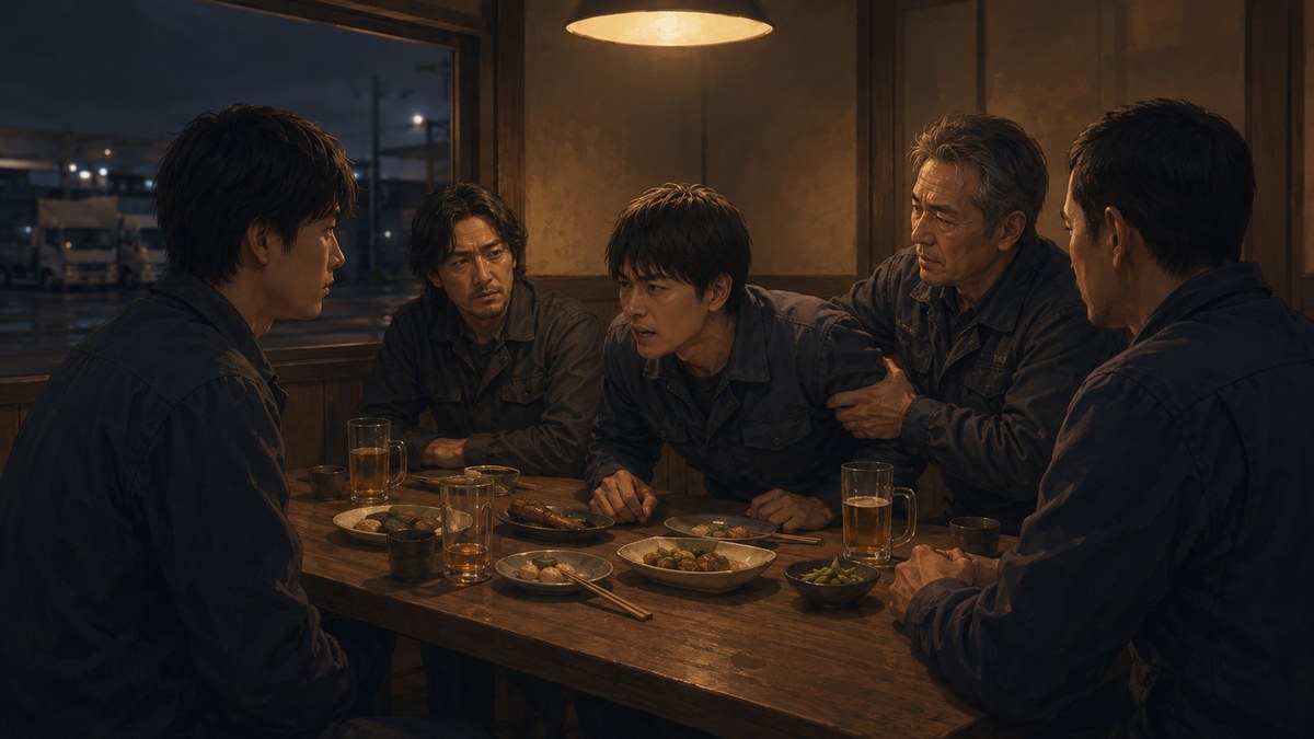 大手を辞めたトラックドライバーを、居酒屋で元先輩が肩に手を置いて庇う飲み会のシーン