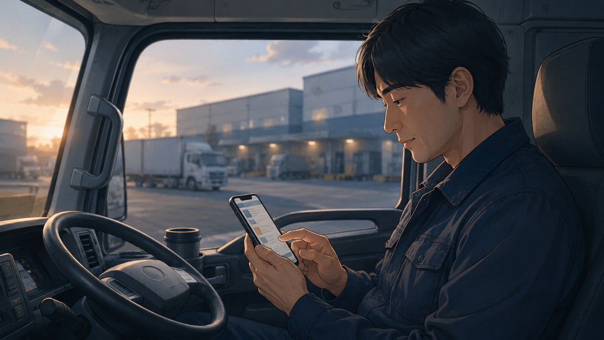 トラックの運転席でスマホを見てドライバー向け求人サイトを眺める現役トラックドライバー