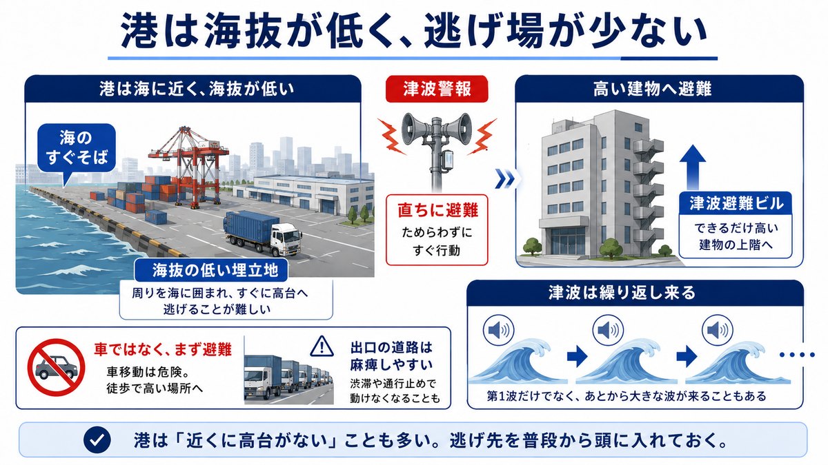 海抜の低い港で高い建物や津波避難ビルへ避難する流れと注意点を示した図解