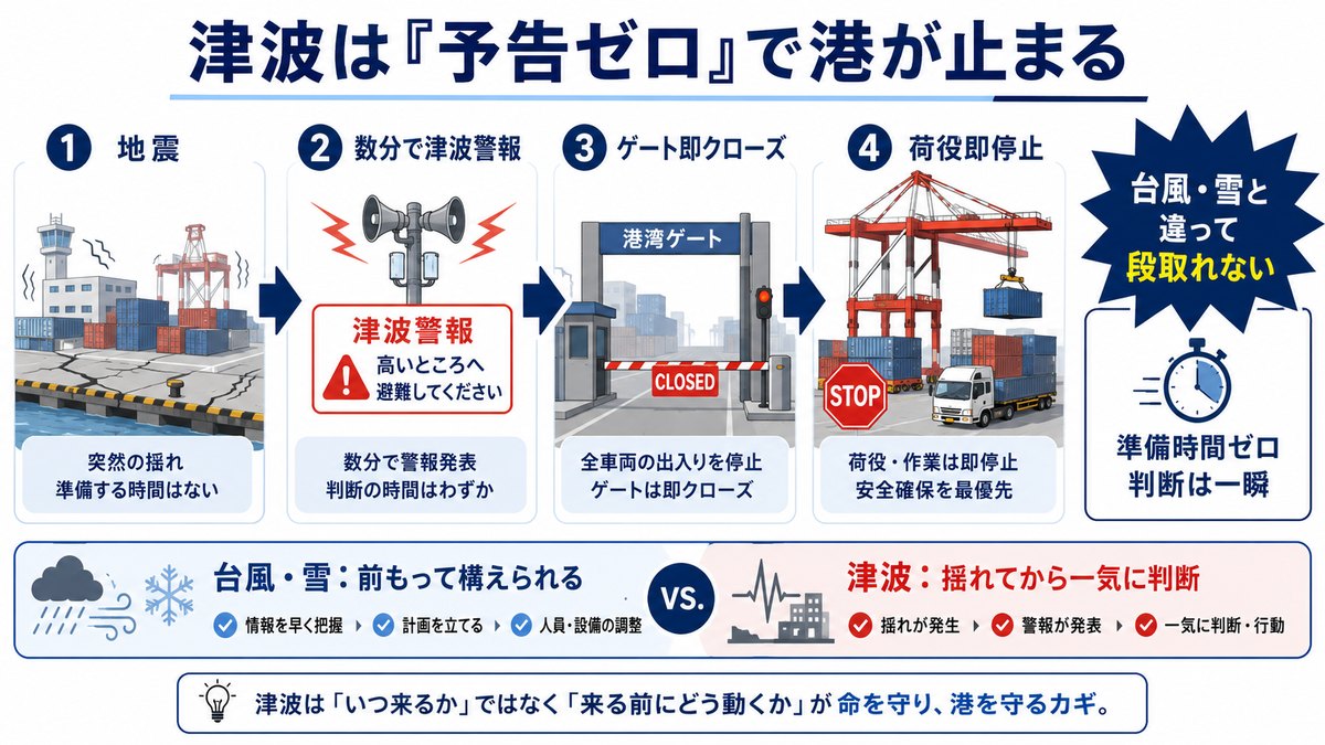 津波警報が出ると地震から数分でゲート閉鎖・荷役停止になる流れの図解