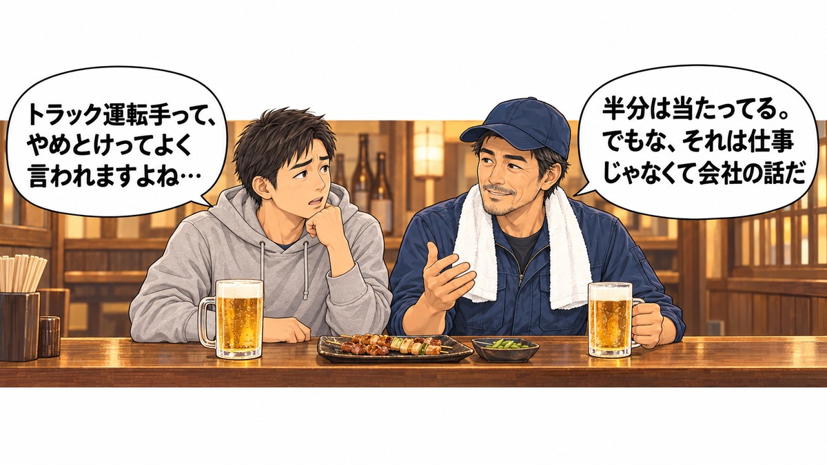 居酒屋で先輩ドライバーが後輩に「やめとけは仕事じゃなくて会社の話だ」と話す1コマ漫画