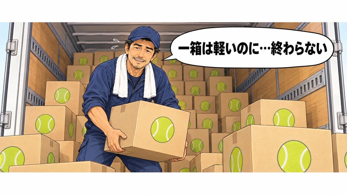 テニスボールの段ボール箱を手で積み続けるドライバーのイラスト。一箱は軽いが数が多く終わらない