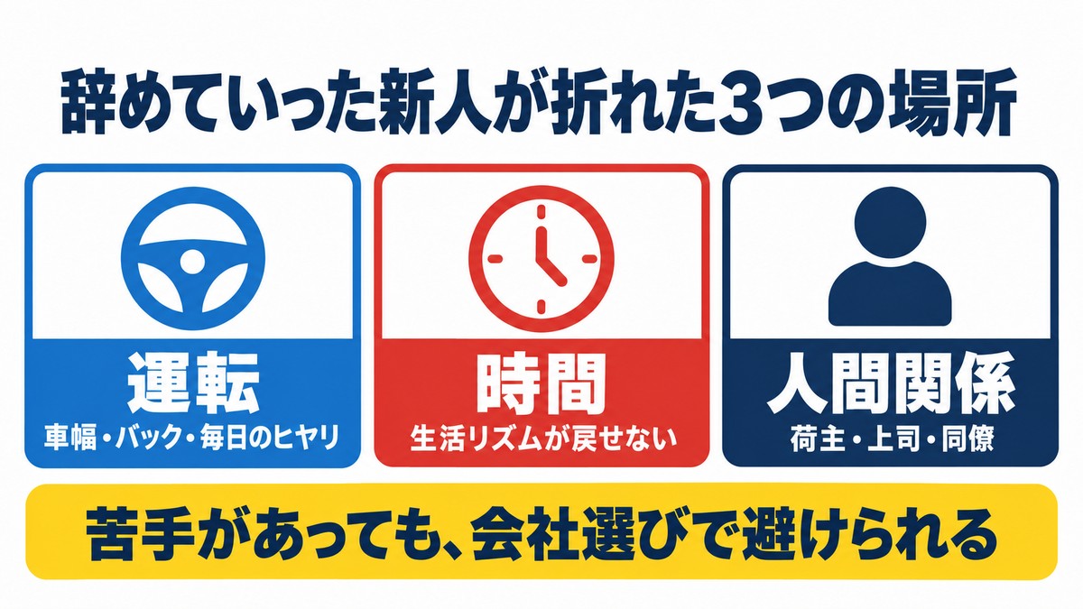 辞めていった新人が折れた3つの場所。運転・時間・人間関係。苦手があっても会社選びで避けられる