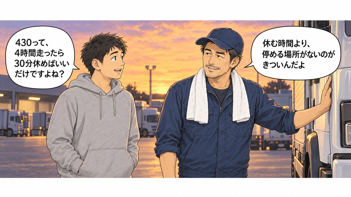車庫で、後輩が「430って、4時間走ったら30分休めばいいだけですよね?」と聞き、先輩が「休む時間より、停める場所がないのがきついんだよ」と答える1コマ漫画