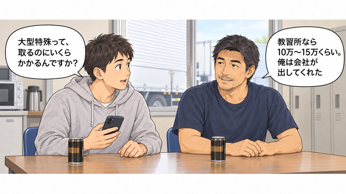 車庫の休憩室で、後輩が「大型特殊って取るのにいくらかかるんですか」と聞き、先輩が「教習所なら10万〜15万くらい。俺は会社が出してくれた」と答える1コマ漫画