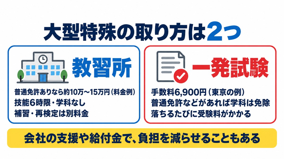 大型特殊の取り方は2つ。教習所は普通免許ありなら約10万〜15万円(料金例)・技能6時限・学科なし、一発試験は手数料6,900円(東京の例)・学科免除・落ちるたびに受験料